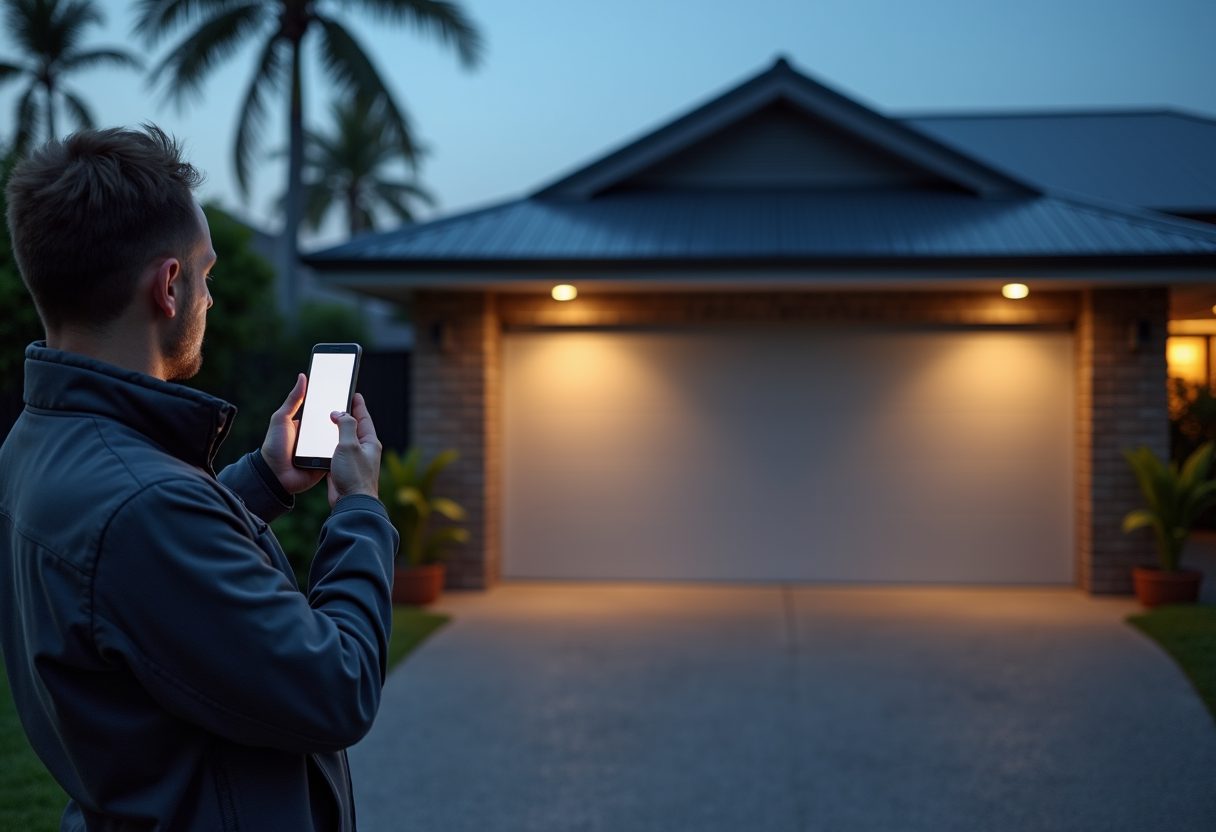 Smart garage door opener installation at dusk — Burleigh Heads